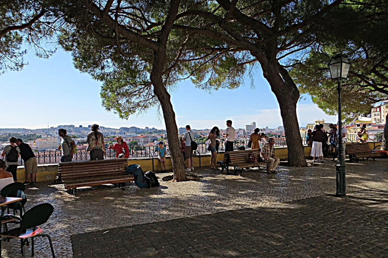 Visitors on the pine-shaded terrace at Miradouro da Graça.