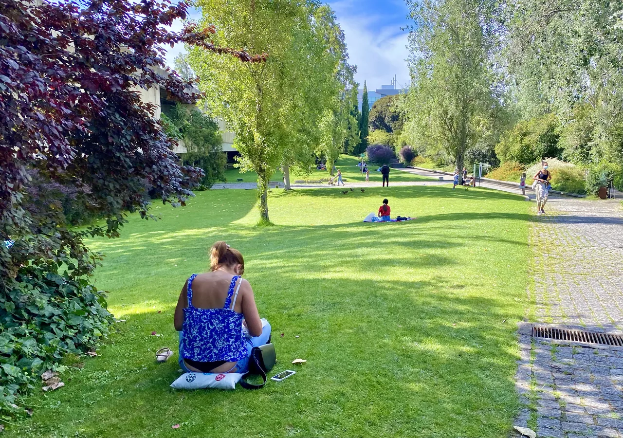 Visitors sitting on a lawn between trees in the Gulbenkian garden.