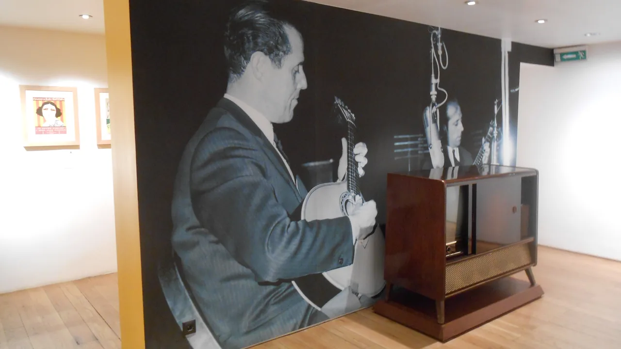 Gran fotografía de un guitarrista junto a piezas expuestas en el Museo del Fado