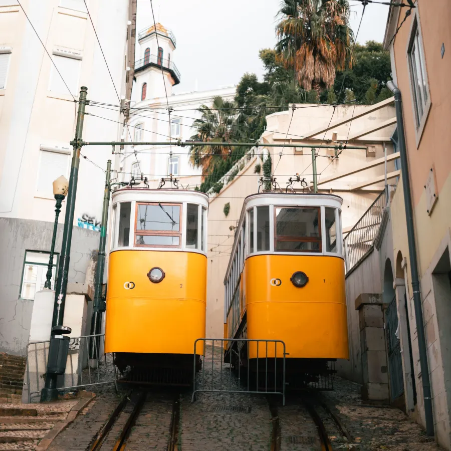Two yellow funicular cars on a steep Bairro Alto street